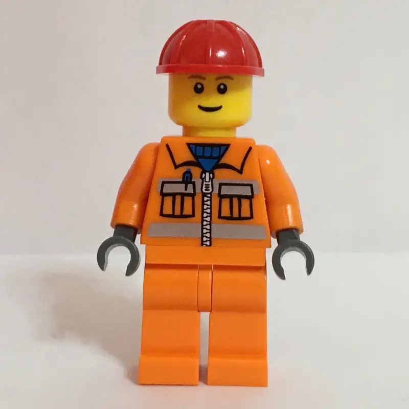 Construction Worker, Orange Jacket with Zipper and Reflective Stripes, Orange Legs, Red Hard Hat, Brown Eyebrows