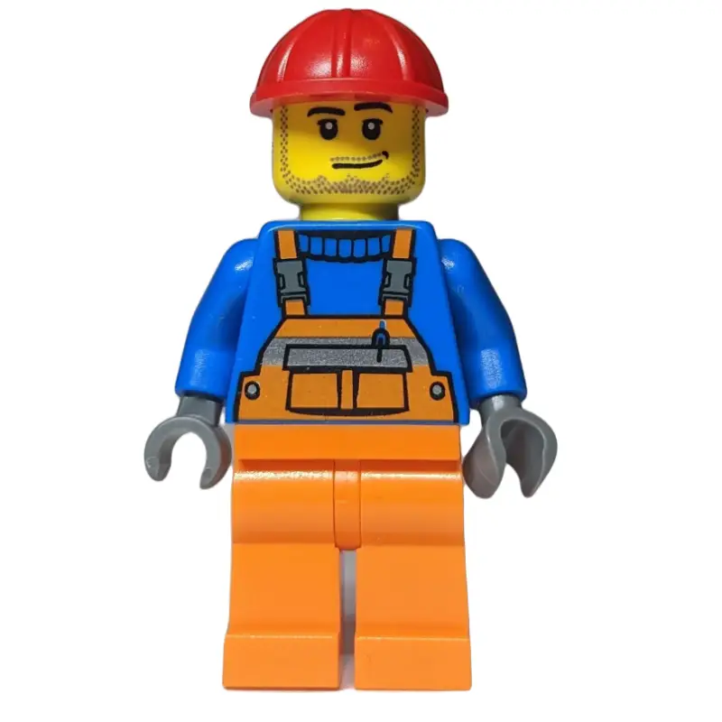 Worker, Orange Overalls over Blue Sweater, Red Hard Hat (3626b Head)
