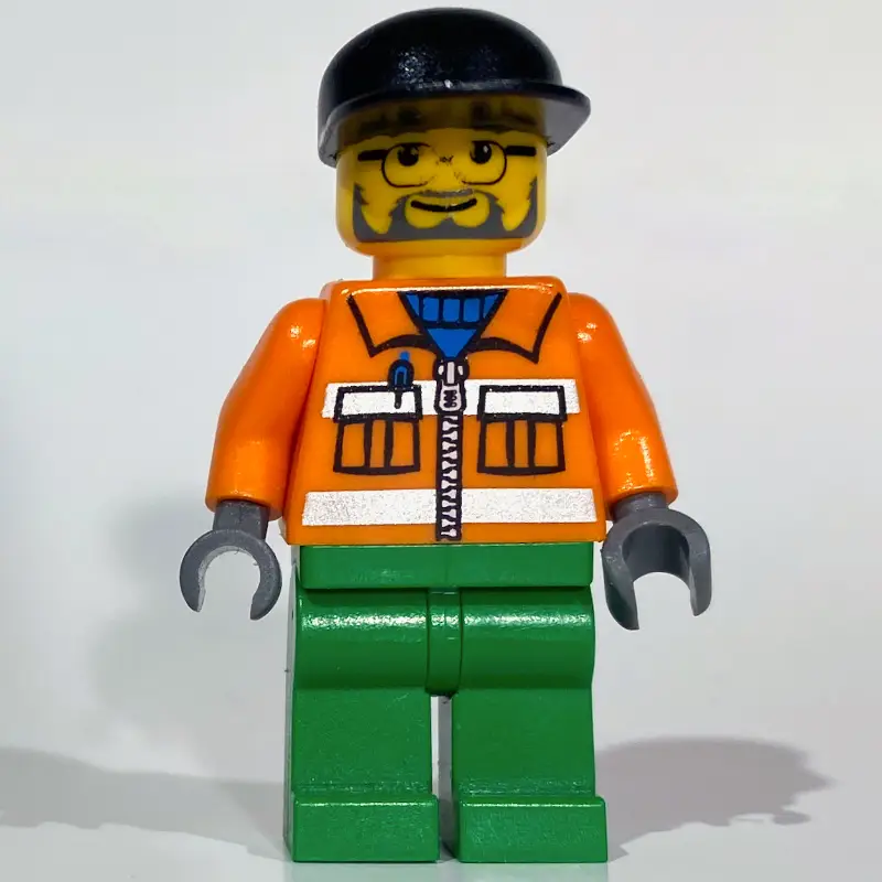 Construction Worker, Orange Jacket with Zipper and Reflective Stripes, Green Legs, Black Cap, Beard and Glasses