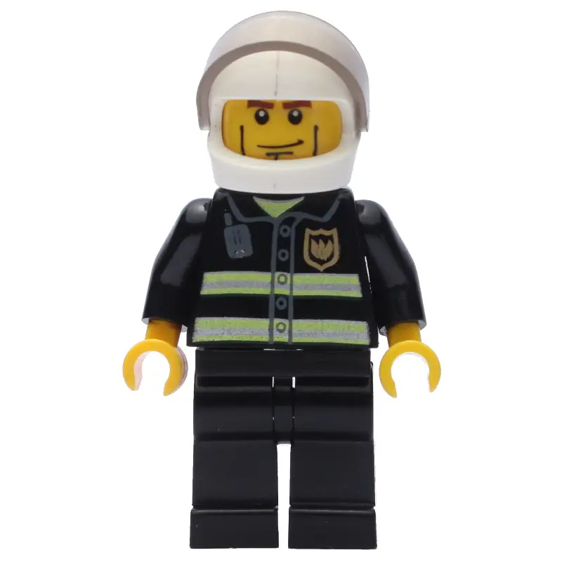 Fireman, Black Fire Jacket with Reflective Stripes, Radio, and Badge, White Helmet with Visor, Cheek Lines