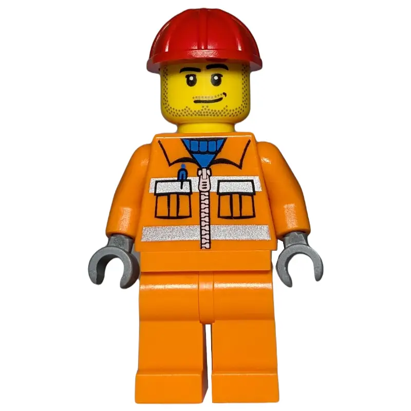 Construction Worker, Orange Jacket with Zipper and Reflective Stripes, Red Hard Hat, Stubble
