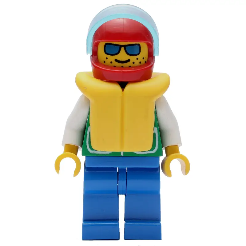 Man, Green Jacket, Blue Legs, Red Helmet with Visor, Yellow Life Vest, Blue Sunglasses