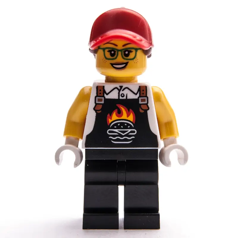 Chef, Black Apron with Flaming Burger, Black Legs, Red Cap, Glasses