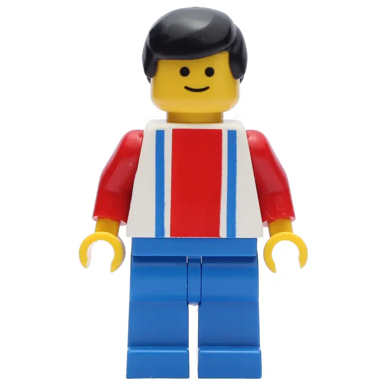 Soccer Player White Torso with Blue/Red Stripes, Blue Legs, Black Hair