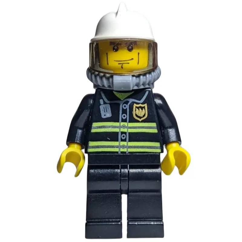 Fireman, Black Fire Jacket with Radio and Badge, White Helmet, Airtanks, Breathing Apparatus