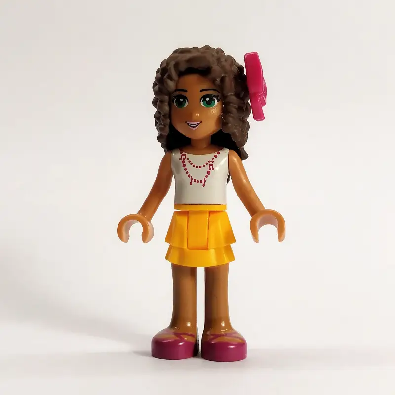 Andrea - White Top, Bright Light Orange Skirt. Magenta Bow
