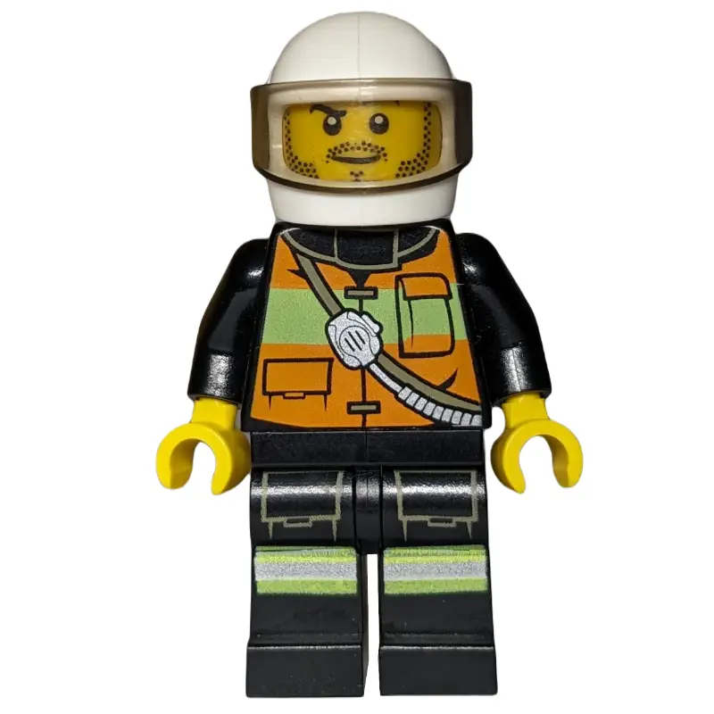 Fireman, Orange Safety Vest with Radio, White Helmet with Visor, Stubble