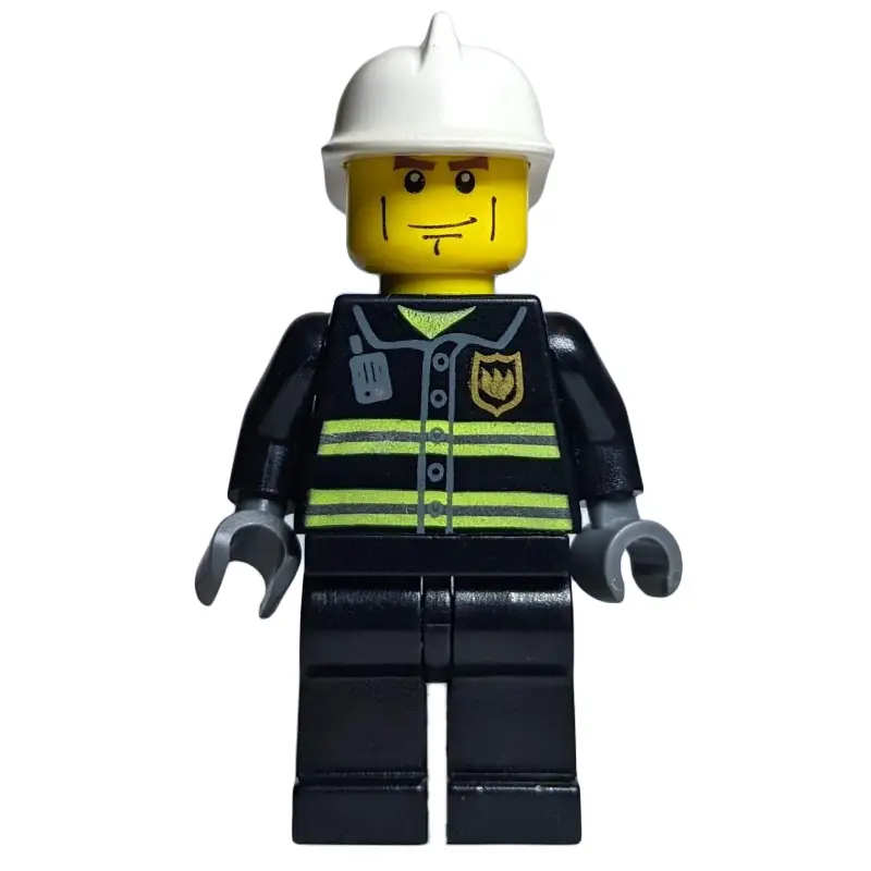 Fireman, Black Fire Jacket with Reflective Stripes, Radio, and Badge, Dark Bluish Gray Hands, White Helmet, Cheek Lines