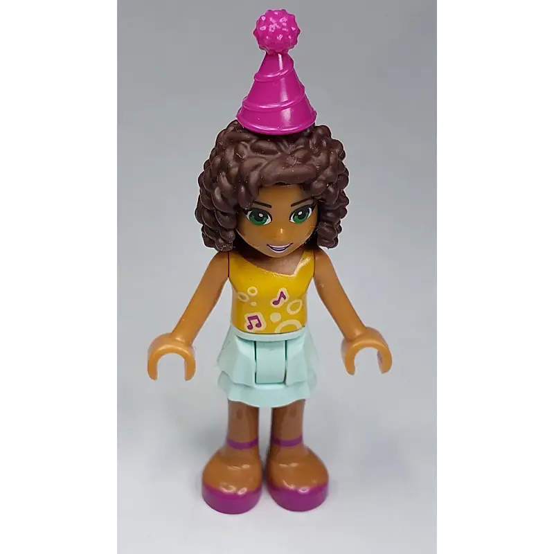 Andrea - Bright Light Orange Top, Light Aqua Skirt, Magenta Party Hat