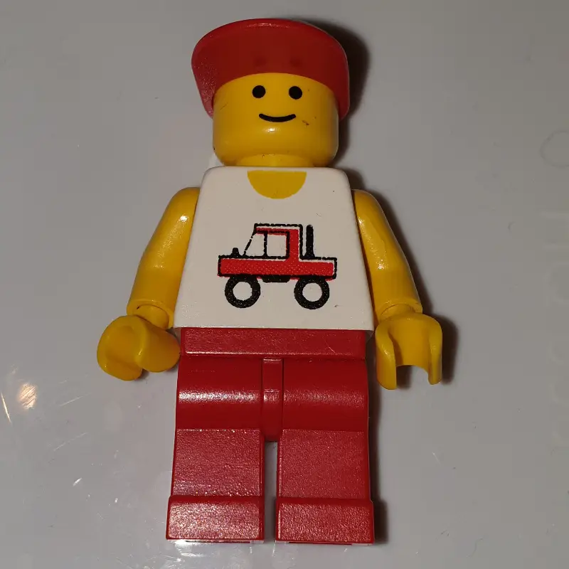 Man, White Vest with Truck, Red Legs, Red Cap