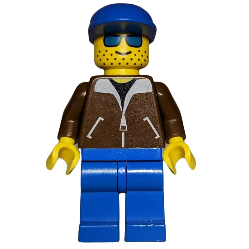Man, Brown Jacket, Blue Legs, Blue Cap, Blue Sunglasses
