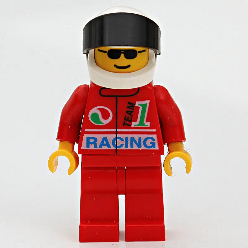 Racer, Red Jacket with Octan Logo and 'RACING', Red Legs, White Helmet with Black Visor, Sunglasses
