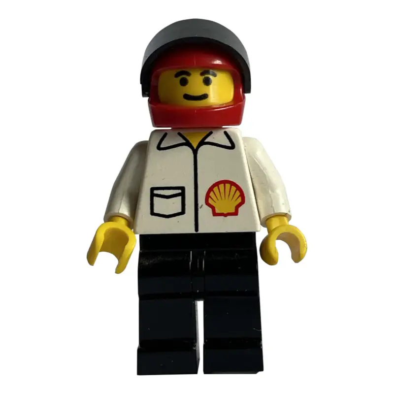 Racer, White Shirt with Shell Logo, Black Legs, Red Helmet with Visor