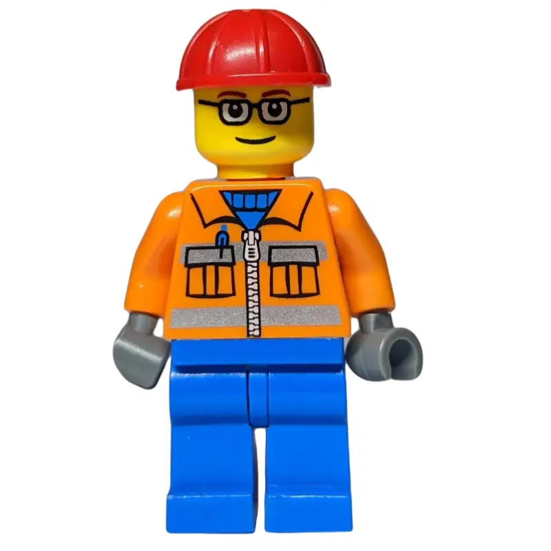 Construction Worker, Orange Jacket with Zipper and Reflective Stripes, Blue Legs, Red Hard Hat, Glasses
