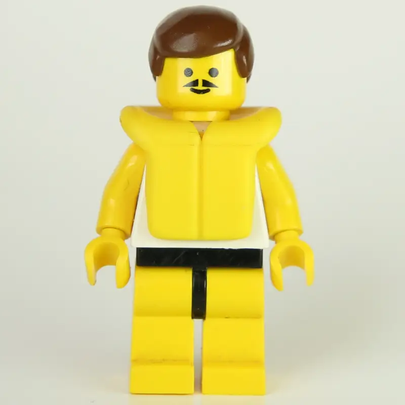 Man, White Tank Top with Windsurfer, Yellow Legs, Brown Hair, Yellow Life Vest, Moustache