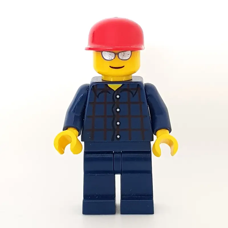 Man, Dark Blue Plaid Shirt, Dark Blue Legs, Red Cap, Silver Sunglasses