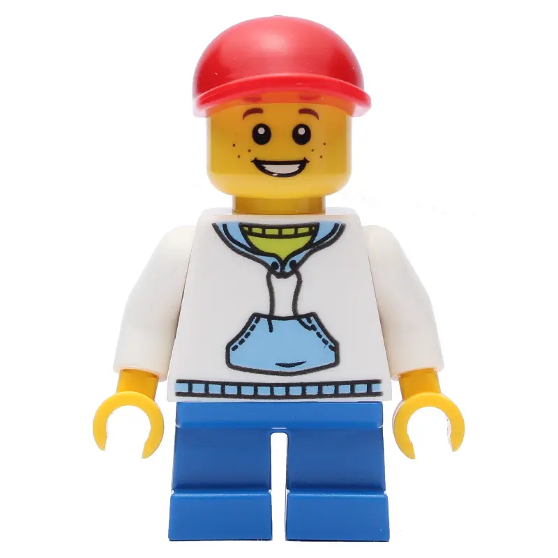 Boy, White and Blue Hoodie, Short Blue Legs, Red Cap