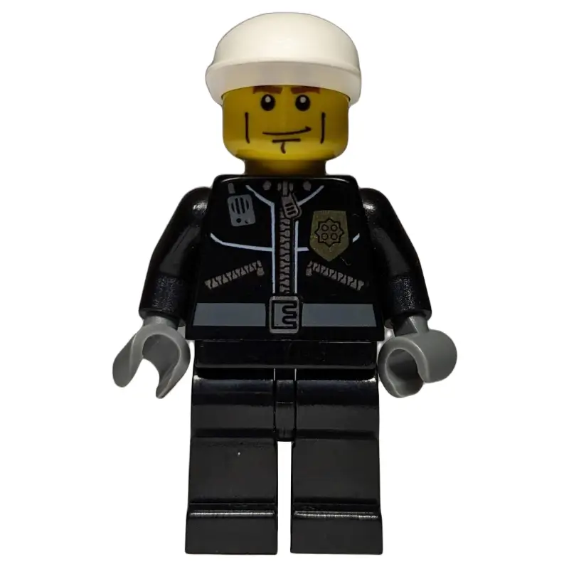 Policeman, Black Jacket with Zipper, Radio, and Badge, White Cap
