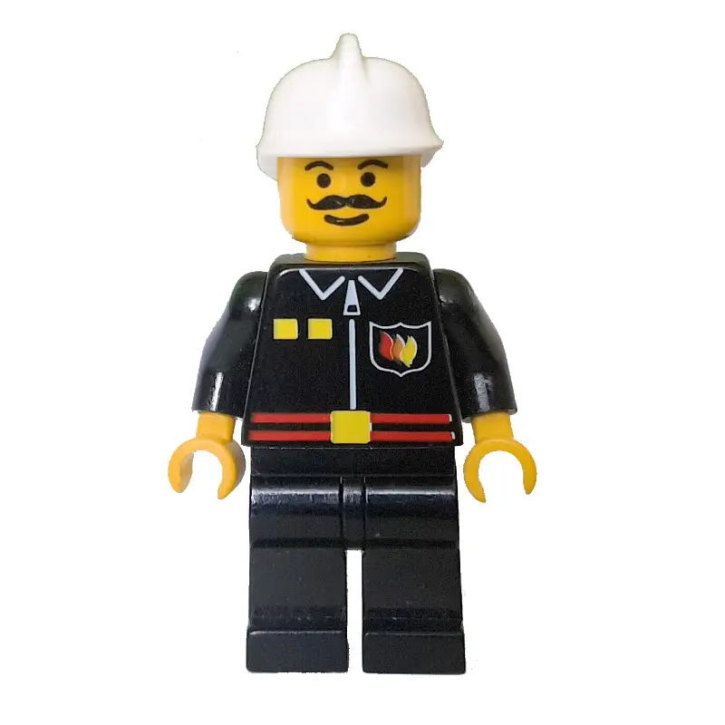 Fireman, Black Fire Jacket with Red Belt and Badge, White Helmet, Moustache