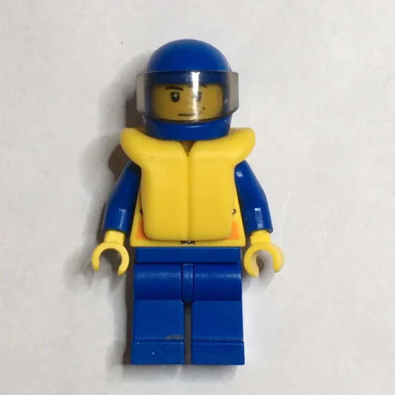 Coast Guard, Yellow Jacket with Zipper, Radio and Badge, Blue Helmet with Visor, Yellow Life Vest, Stubble