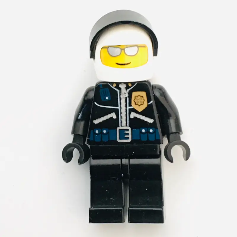 Policeman, Black JAcket with Zipper, Radio, Badge, and 'POLICE' on Back, White Helmet with Visor, Silver Sunglasses
