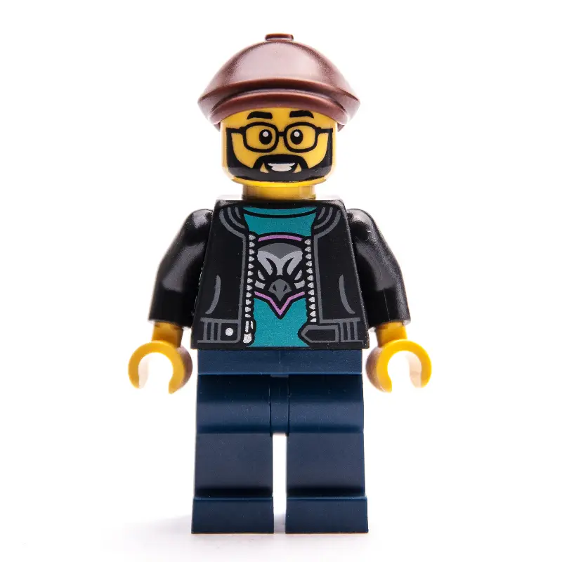 Man, Black Jacket, Dark Blue Legs, Reddish Brown Flat Cap