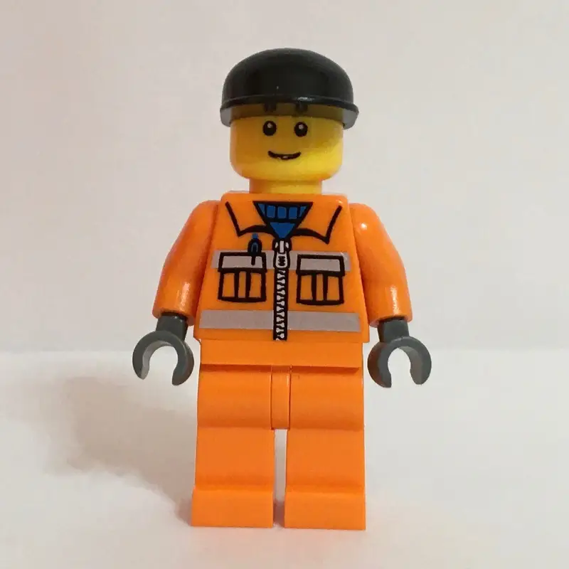 Construction Worker, Orange Jacket with Zipper and Reflective Stripes, Orange Legs, Black Cap