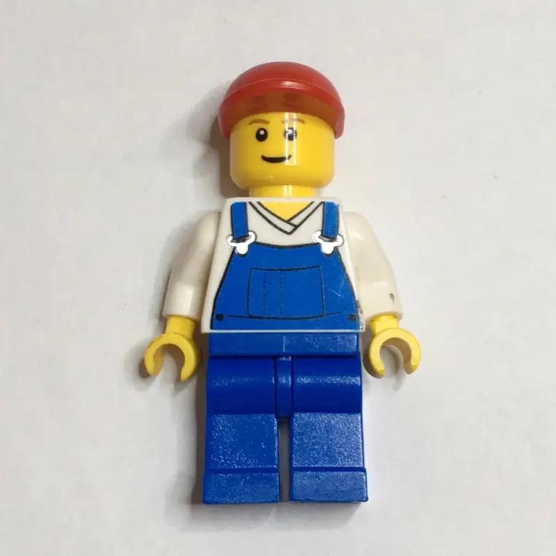 Man, Blue Overalls over White V-Neck Shirt, Red Cap, Brown Eyebrows