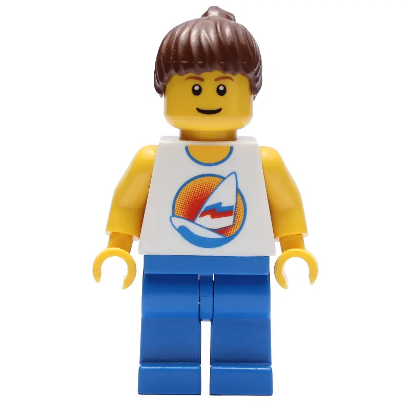 Lifeguard, White Tank Top with Windsurfer, Blue Legs, Ponytail