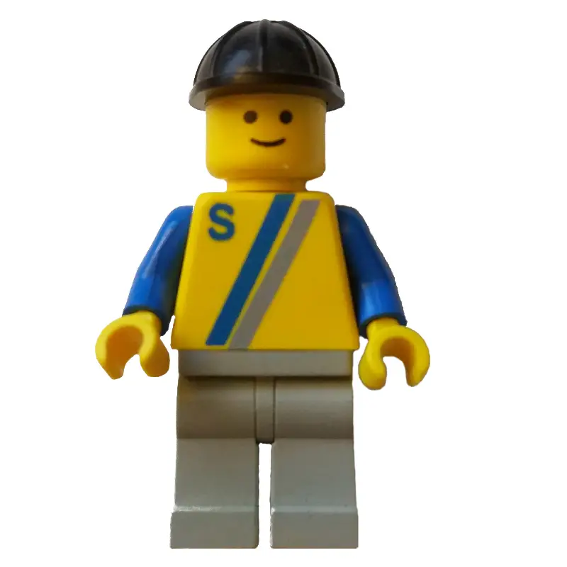 Man, Yellow Shirt with Two Stripes and 'S', Light Gray Legs, Black Hard Hat