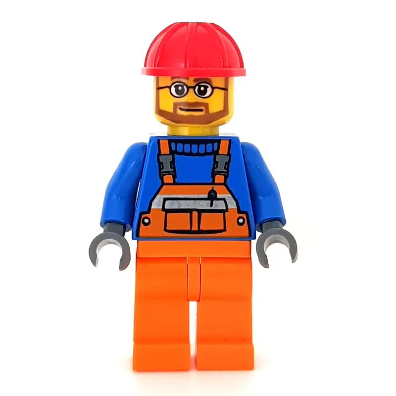 Construction Worker, Orange Overalls, Red Hard Hat, Beard and Glasses