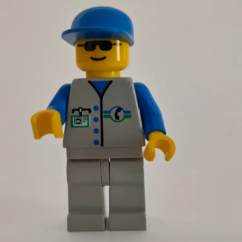 Repairman, Light Gray Vest with Phone Logo and ID Badge, Blue Cap, Sunglasses