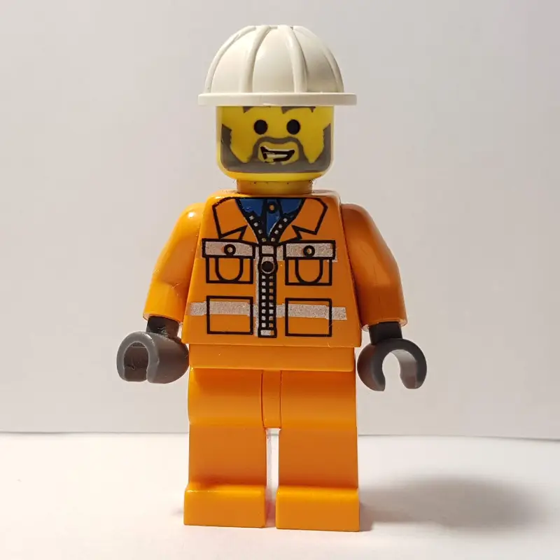 Garry - Construction Worker, Orange Jacket with Zipper and Reflective Stripes, Orange Legs, White Hard Hat, Beard