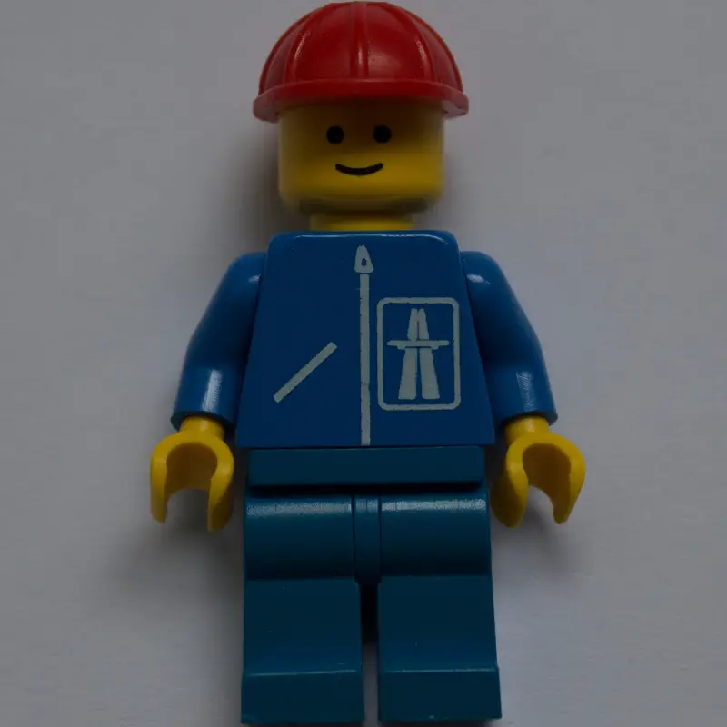 Construction Worker, Blue Jacket with Highway Logo, Blue Legs, Red Hard Hat