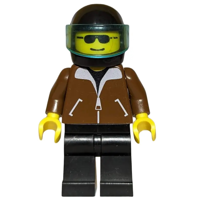 Man, Brown Jacket, Black Legs, Black Helmet with Visor, Sunglasses