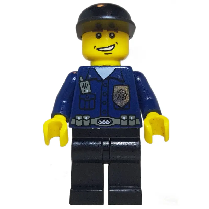 Policeman, Dark Blue Shirt with Radio and Badge, Black Legs, Black Cap, Smile
