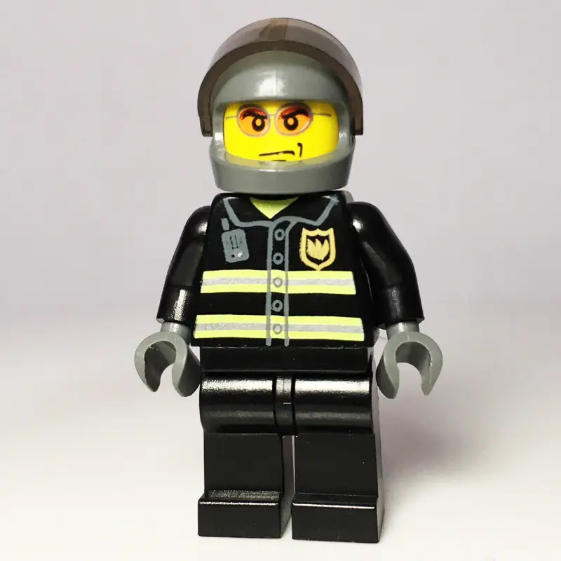 Fireman, Black Fire Jacket with Reflective Stripes, Radio, and Badge, Dark Bluish Gray Helmet with Visor, Orange Sunglasses
