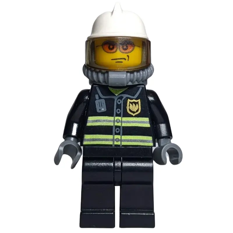 Fireman, Black Fire Jacket with Reflective Stripes, Radio, and Badge, White Helmet, Breathing Apparatus, Airtanks, Orange Sunglasses