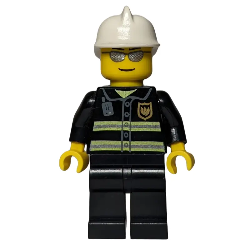 Fireman, Black Fire Jacket, White Helmet, Silver Sunglasses
