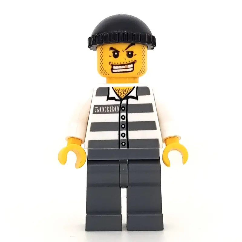 Criminal, Prison Shirt with #50380, Dark Bluish Gray Legs, Black Hat, Gold Tooth