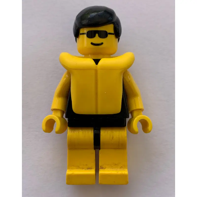Man, Plain Black Swimsuit, Black Hair, Yellow Life Vest, Sunglasses