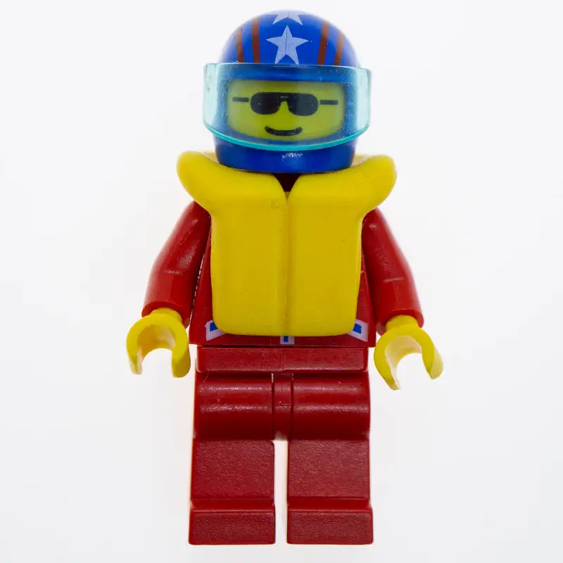 Racer, Red Jacket with 2 Stars, Blue Helmet with Stars and Visor, Yellow Life Vest, Sunglasses