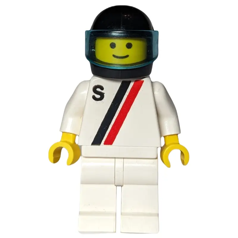 Racer, White Shirt with Two Stripes and 'S', White Legs, Black Helmet with Visor (3626b Head)