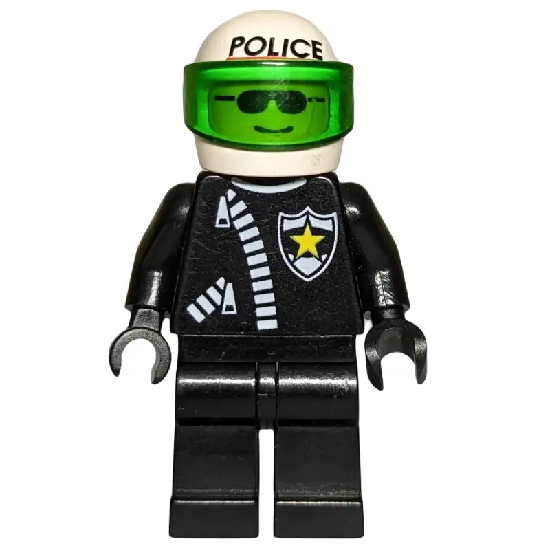 Policeman, Black Jacket with Zipper and Badge, White Helmet with 'POLICE' and Trans-Green Visor, Sunglasses