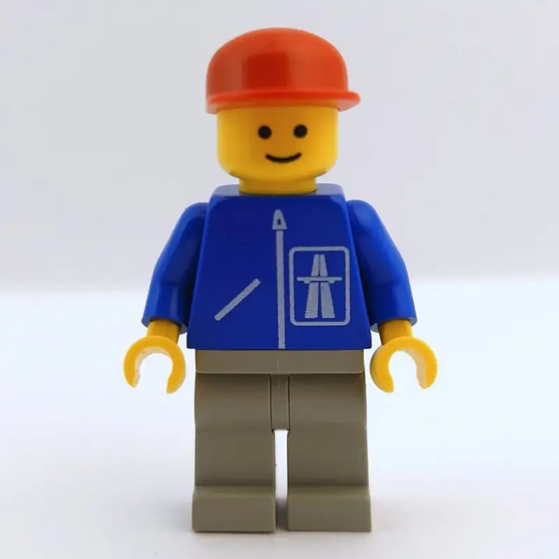 Man, Blue Jacket with Highway Logo, Light Gray Legs, Red Cap