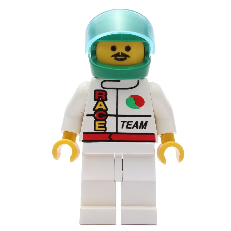 Racer, White Jacket with Octan Logo and 'RACE' and 'TEAM', Green Helmet with Visor, Moustache
