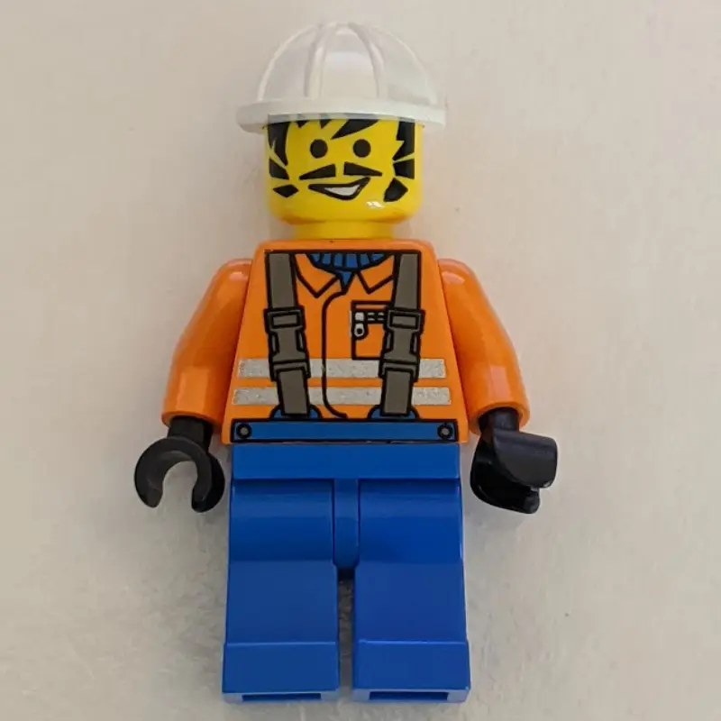 Construction Worker, Orange Jacket with Suspenders, White Hard Hat, Moustache and Sideburns