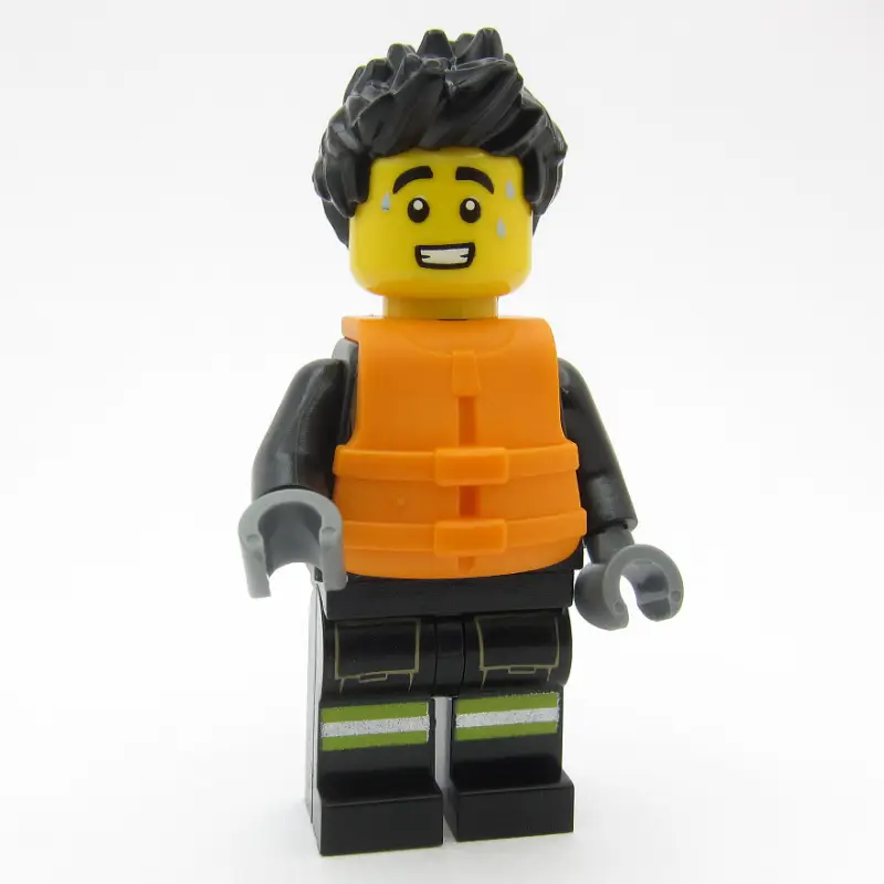 Firefighter, Black Fire Suit, Orange Life Jacket, Black Hair
