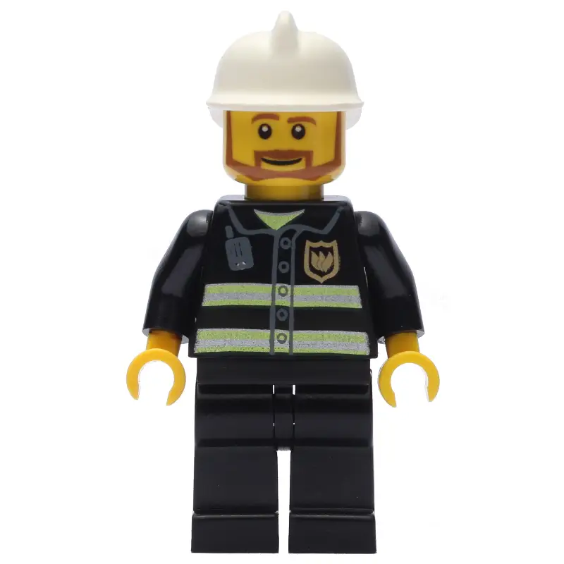 Fireman, Black Fire Jacket with Reflective Stripes, Radio, and Badge, White Helmet, Angular Beard