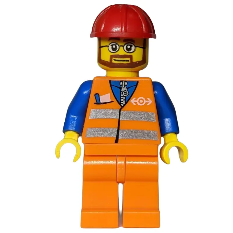 Worker - Orange Safety Vest, orange  Legs, Red Helmet, beard, Glasses